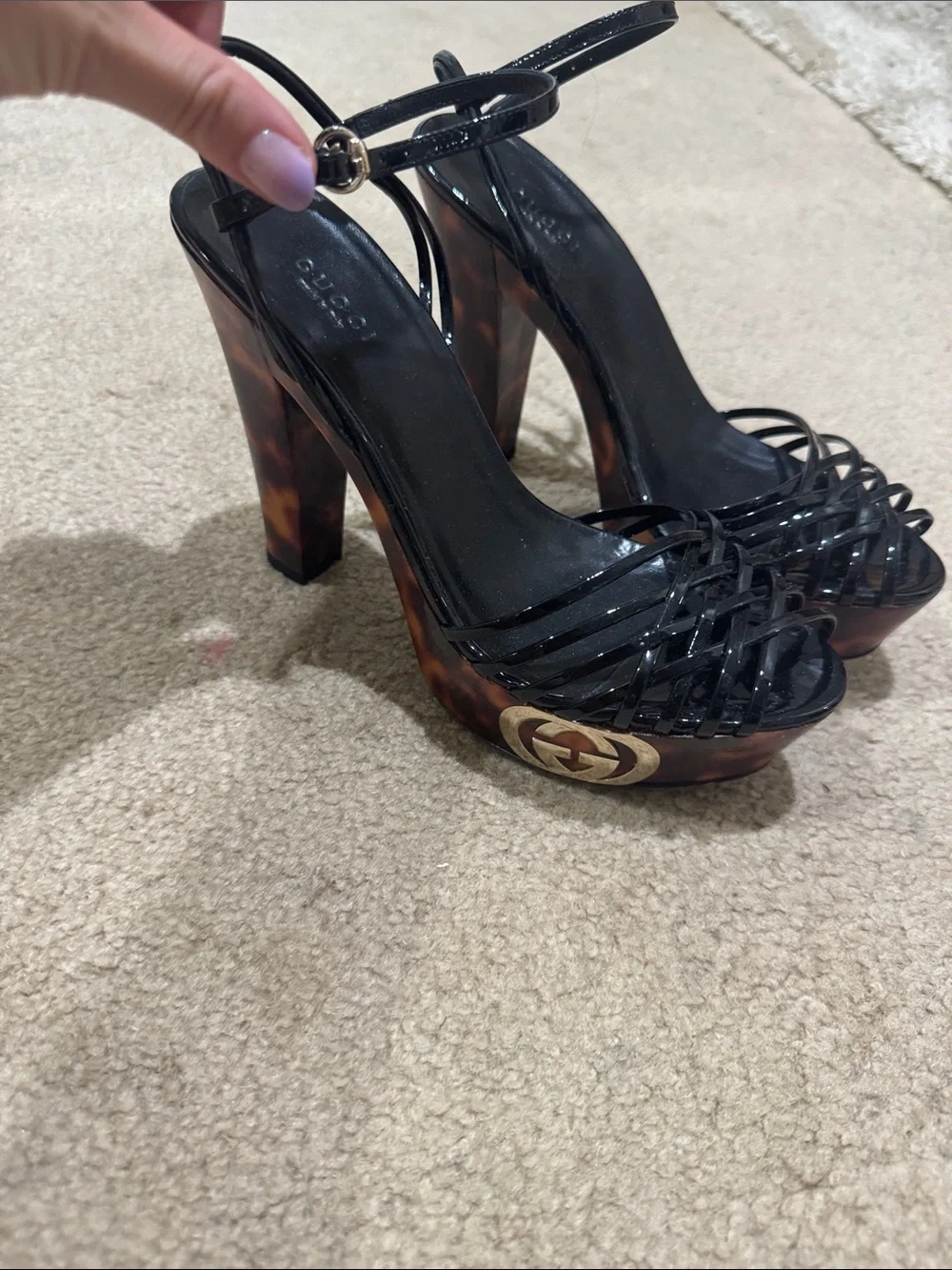 Gucci Black Strappy Platform Sandal with Tortoiseshell Block Heel